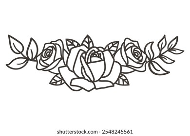 Delicada decoración de contorno de rosa, elemento de diseño de línea de ramo de flores de rosa. Ilustración vectorial en blanco y negro.