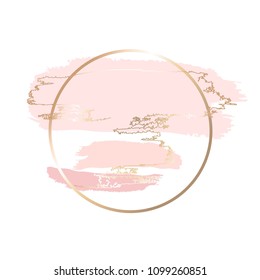 Delicate rose spots and gold lines. Gold round contour frame. 