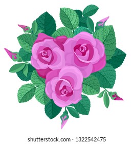Delicate roses bouquet. Abstract flowers, buds and leaves decorative arrangement. Floral composition. Vector illustration.