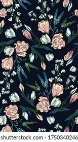 Delicate roses on navy background. Seamless pattern. Vector illustration.