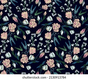 Delicate roses on navy background. white and pink flowers. Seamless pattern. Vector