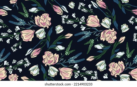 Delicadas rosas sobre fondo marino. flores blancas y rosas con vidas. Patrón sin foco. Vector