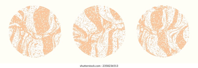 Delicate round background with abstract distress texture. A collection of surfaces, frames in the shape of a circle with a pattern of paint smudges, a smooth liquid texture in two colors. Vector.