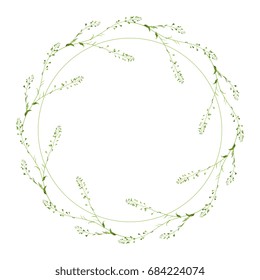 Delicate round floral element. Wreath of meadow wild flowers shepherd's purse. Pastel colors, isolated on white. Perfect design element, text frame, decor or vignette.