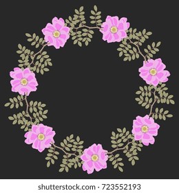 Delicate round floral frame. Wreath of wild roses. Isolated vector element on dark background. Romantic wild summer motif.