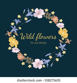 Delicate round frame of cute wild flowers. Pattern can be used for design, decor, crafts, cards, invitations, t-shirts, fabrics. Summer flowers.
