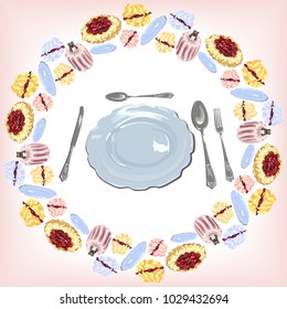 Delicate  round frame of wreath made of cakes, meringues, pastry on a pink background a plate, spoon, fork and knife for a delicious menu, vector