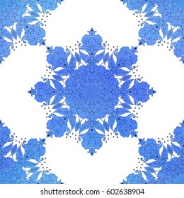 Delicate round pattern. Ornament of blue aquarell. Hand drawing. Seamless vector background.
