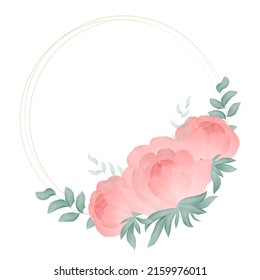 Delicate round wreath with pink peonies. Circular floral frame. Botanical beautiful foliage and flower frame. Cute watercolor decoration, template for card, invitation and print vector illustration