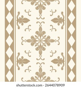 Delicate Royal Florals Design with Golden Silk Weaves on Beige Background. Luxury Decoration  Scroll Ornament and Geometric Combine for Textiles Texture Prints Tiles Wallpaper Seamless Border Pattern