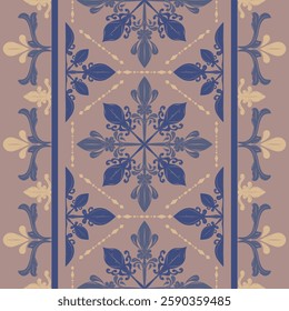 Delicate Royal Motif Rococo Geometric Design with Blue Pale Gold on Dark Beige Background. Magnificent Detailed Fleur de lis Style Luxury Border Pattern Vector for Decoration Apparel Batik Scarf Craft