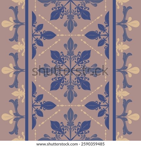 Delicate Royal Motif Rococo Geometric Design with Blue Pale Gold on Dark Beige Background. Magnificent Detailed Fleur de lis Style Luxury Border Pattern Vector for Decoration Apparel Batik Scarf Craft