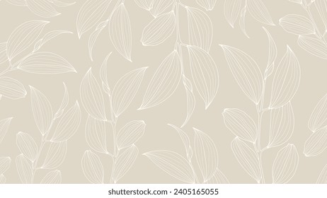 Delicate sandy botanical background with white outlines of branches and leaves. Botanical banner, poster, cover or card.