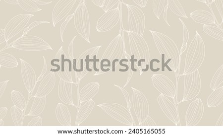 Delicate sandy botanical background with white outlines of branches and leaves. Botanical banner, poster, cover or card.