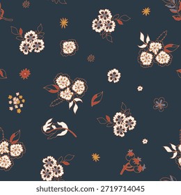 Delicado flores dispersas em tons quentes no azul marinho profundo, perfeito para papel de parede, roupa de cama, estofamento e envoltório de presente.