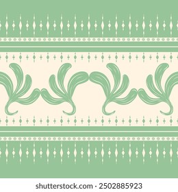 Delicate Scroll Ornament Green Leaves Embroidery Silk Weaves Border Seamless Pattern Vector Decorate with Nature Bling Bling Shine Traditional Geometric Design. Luxury Curly Abstract  Stripe Hand Draw