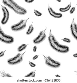 Delicate seamless background of black feathers on a white background.