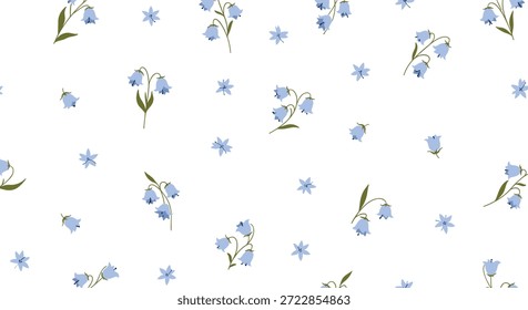 Delicate seamless background pattern showing small blue bellflowers and green leaves scattered across a clean white surface.