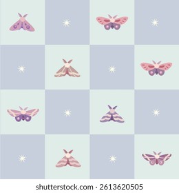 A delicate seamless blue cage pattern with charm butterflies and stars. Perfect for tablecloths, baby textiles, packaging, curtains, wrapping