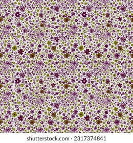 Delicada impronta botánica sin fisuras con flores pequeñas, dibujada a mano, vector. fondo sin costuras de flores. Moda floral.Patrón de tejido floral con flores pequeñas, impresión primaveral