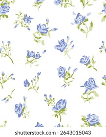 "Delicate seamless ditsy floral pattern with charming hand-drawn pink roses and green leaves on a clean white background. This versatile vector illustration is perfect for creating romantic and femini