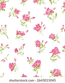 "Delicate seamless ditsy floral pattern with charming hand-drawn pink roses and green leaves on a clean white background. This versatile vector illustration is perfect for creating romantic and femini