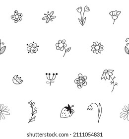 Delicate seamless doodle pattern of flowers and twigs on a white background. Vector illustration