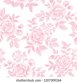 Delicate seamless floral pattern with beautiful roses. Romantic background with pink flowers for design of greeting cards, textiles, fabrics