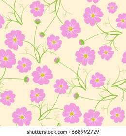 Delicate seamless floral pattern with cosmos plant. Pink and green on a light yellow background.
