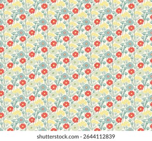 A delicate, seamless floral pattern features red, blue, and yellow flowers against a creamy background. This vintage design is perfect for textiles, wallpaper, and surface design projects.
