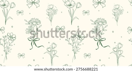 Delicate seamless floral pattern with hand drawn green line art flowers, ribbons, bows, and botanical elements for fabric, wallpaper, packaging, stationery, surface pattern design. Vector illustration