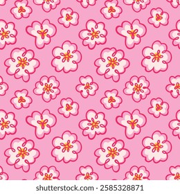 Delicate seamless floral pattern with hand-drawn doodle-style flowers in white and pink, accented by yellow details on a pastel pink background. Soft and feminine design.