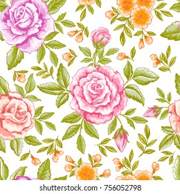 Delicate seamless floral pattern with pink roses for design of fabric, textile, wallpaper, texture. Beautiful vector background with flowers