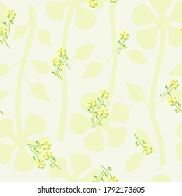 Delicate seamless floral pattern with small flowers in yellow and green colors and big plain flowers behind them. The pattern can be used as a drawing on fabric, for decorating covers, packaging.