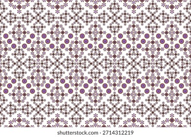 Delicate seamless floral pattern with small symmetrical flower motifs in purple and gold tones on a white background. Elegant repeating design ideal for textiles, wallpaper, and surface decor.