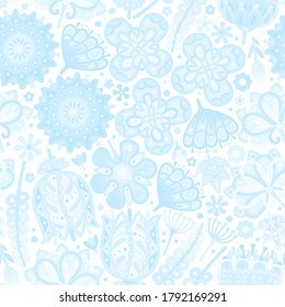 Delicate seamless floral pattern with variety of  big decorative unusual outline flowers in white and blue colors. The pattern can be used as a drawing on fabric, for decorating covers, packaging.