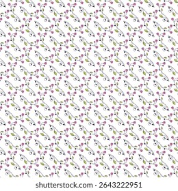 Delicate seamless floral pattern with vivid pink buds and fresh green leaves, ideal for fabric, wrapping paper, or wallpaper designs. 