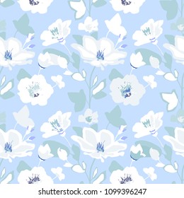 Delicate seamless flowers. Floral pattern for fashion prints. Daisy design for background textile, wallpapers, wrapping, paper. Blue and white.