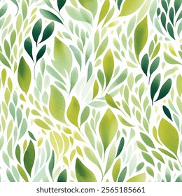 Delicate seamless leaf pattern of overlapping foliage. Vector design of variety of green hues. For fabric and print designs or wallpaper and digital backgrounds. Soft watercolor texture artistic flair