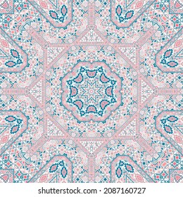 Delicado ornamento sin fisuras de la composición de formas simples de geometría. Diseño de antigüedades étnicas. Impresión textil. Simetría de elementos pequeños. Patrón kaleidoscopio vectorial.