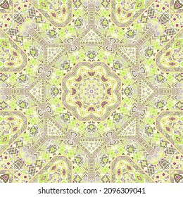 Delicate seamless ornament of simple geometry shapes structure. Graphic mexican design. Batik print. Small elements background. Vector collage pattern.