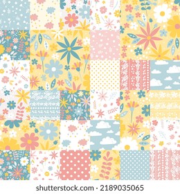 
Delicate seamless patchwork pattern of rectangles with abstract flowers and leaves, clouds, stars and polka dot ornament in yellow, blue, white and pink color scheme. Romantic print for fabric.