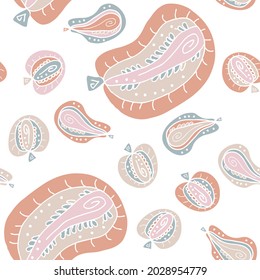 Delicate seamless pattern with abstract pumpkins, apples and pears. Perfect for T-shirt, textile and prints. Hand drawn vector illustration for decor and design.
