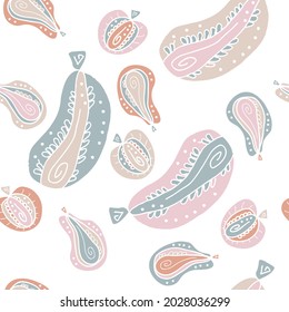 Delicate seamless pattern with abstract zucchini, apples and pears. Perfect for T-shirt, textile and prints. Hand drawn vector illustration for decor and design.
