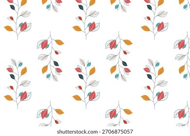 Delicado patrón sin fisuras con ramas otoñales con hojas coloridas en rojo, naranja y verde. Perfecto para diseños de temática otoñal, papelería o textiles.