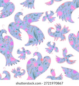 Delicate seamless pattern with beautiful birds filling by flowers