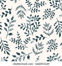 Delicate seamless pattern with blue monochrome textured ink leaves and branches on pastel orange background. Unique hand drawn texture of tropical and daisy herbs for botany textile design, wallpaper