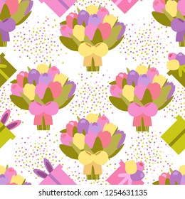 delicate seamless pattern of bouquets of flowers and gift boxes on a white background vector
