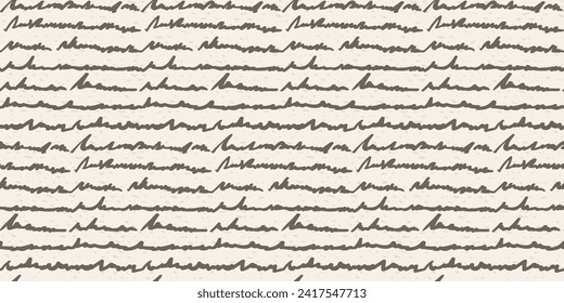 Delicate seamless pattern with brown hand written fake text on archival beige textured background. Abstract texture with old cursive for textile design, wrapping paper