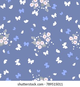 Delicate seamless pattern with butterflies and daisies. Floral background for design of fabric, paper, wrappers and wallpaper. 